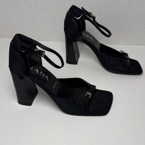 PRADA Vintage Y2K Black Patent Leather Nylon Block Heel Sandals Square Toe 36